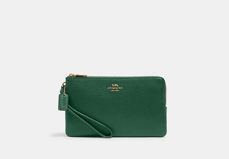 COACH®,DOUBLE ZIP WALLET,Pebbled Leather,Mini,Gold/Kelly Green,Front View