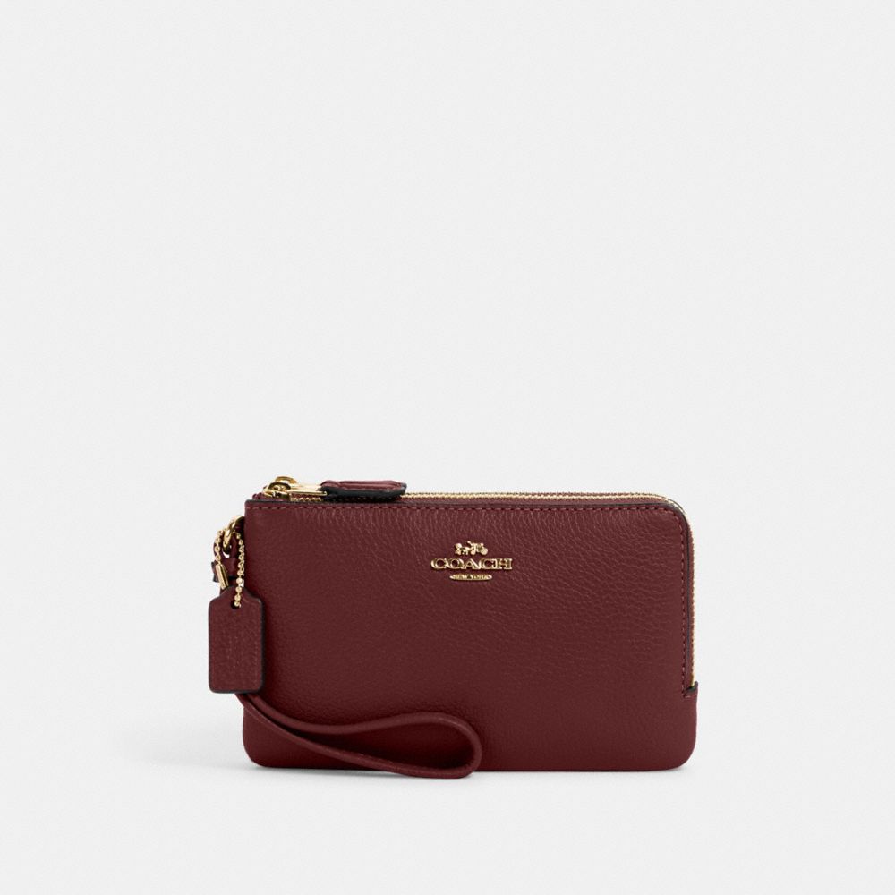 COACH®,DOUBLE CORNER ZIP WRISTLET,Small,Gold/Black Cherry,Front View