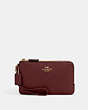 COACH®,DOUBLE CORNER ZIP WRISTLET,Pebbled Leather,Small,Gold/Black Cherry,Front View