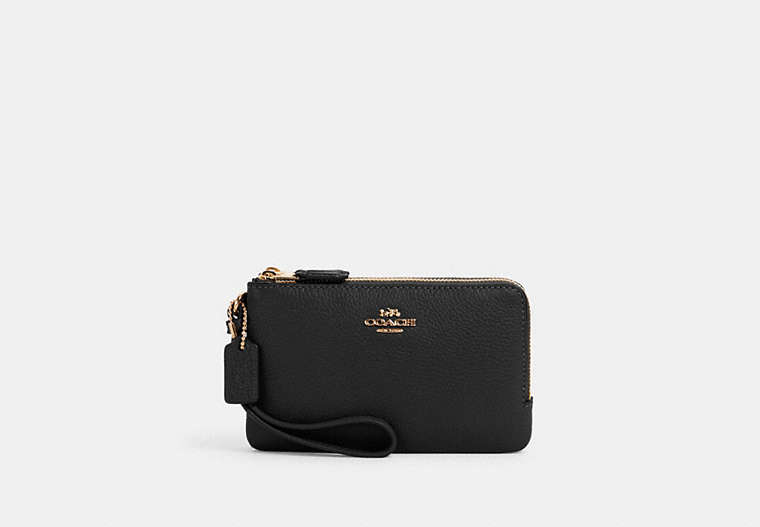 COACH®,DOUBLE CORNER ZIP WRISTLET,Pebbled Leather,Small,Gold/Black,Front View