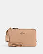 COACH®,DOUBLE CORNER ZIP WRISTLET,Pebbled Leather,Small,Gold/Taupe,Front View