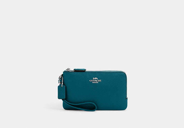 COACH®,DOUBLE CORNER ZIP WRISTLET,Small,Silver/Deep Turquoise,Front View