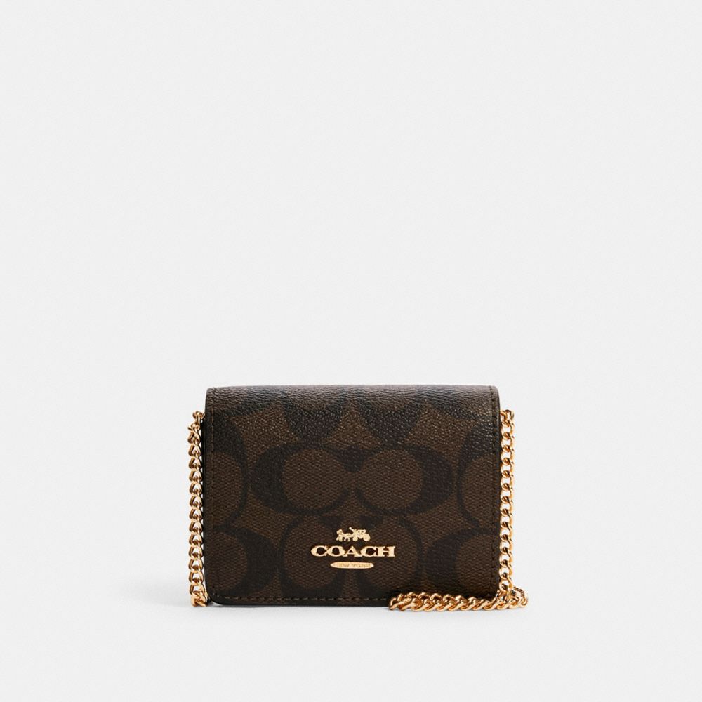 COACH®,MINI WALLET ON A CHAIN IN SIGNATURE CANVAS,Signature Canvas,Mini,Gold/Brown Black,Front View