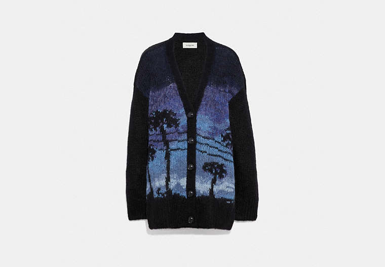 COACH®,PALM TREE INTARSIA CARDIGAN,Mohair,BLUE,Front View