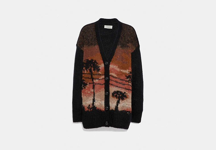 COACH®,PALM TREE INTARSIA CARDIGAN,Mohair,Brown,Front View