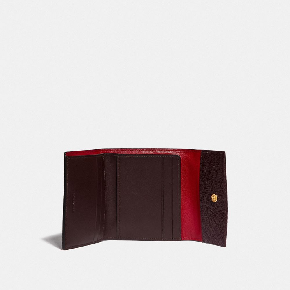 COACH®,SMALL FLAP WALLET,Leather,Brass/Oxblood,Inside View,Top View