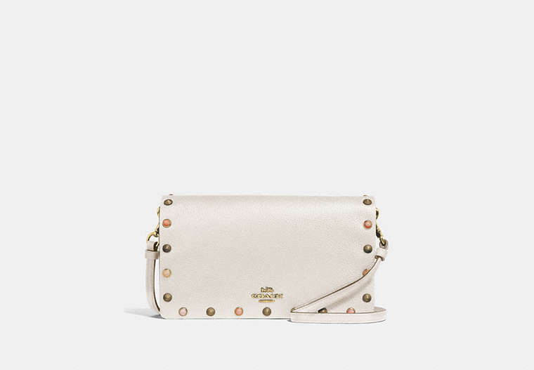 COACH®,HAYDEN FOLDOVER CROSSBODY CLUTCH WITH RIVETS,Leather,Mini,Gold/Chalk,Front View
