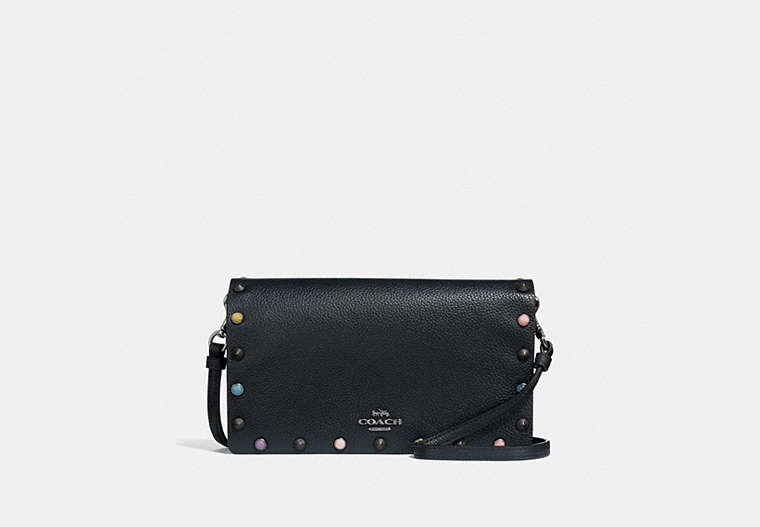 COACH®,HAYDEN FOLDOVER CROSSBODY CLUTCH WITH RIVETS,Leather,Mini,Gunmetal/Midnight Navy,Front View