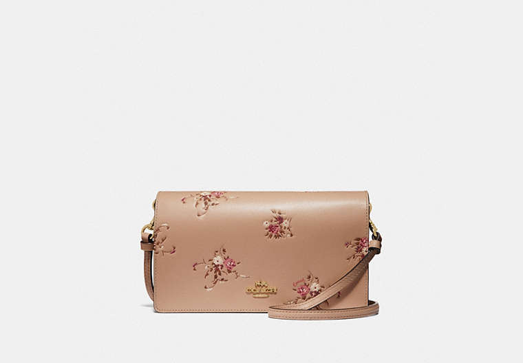 COACH®,HAYDEN FOLDOVER CROSSBODY CLUTCH WITH FLORAL BUNDLE PRINT,Leather,Mini,Beechwood Floral/Gold,Front View