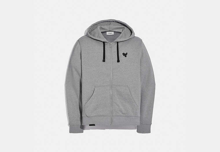 COACH®,ESSENTIAL FULL ZIP HOODIE,Cotton/Polyester,HEATHER GREY,Front View