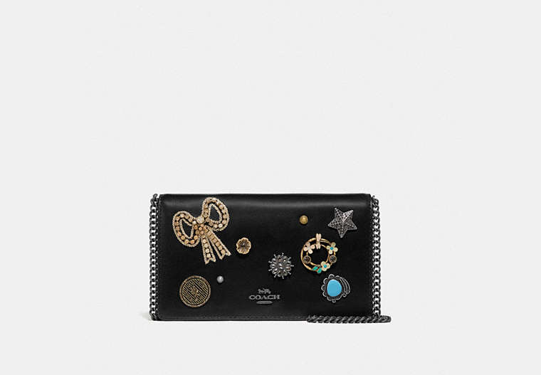 COACH®,CALLIE FOLDOVER CHAIN CLUTCH WITH VINTAGE JEWELRY,Leather,Mini,Pewter/Black,Front View
