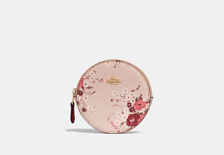 COACH®,ROUND COIN CASE WITH FLORAL BUNDLE PRINT,Coated Canvas,Beechwood Floral/Gold,Front View
