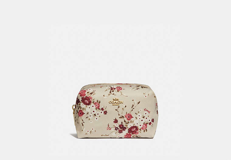 COACH®,SMALL BOXY COSMETIC CASE WITH FLORAL BUNDLE PRINT,Nylon,Beechwood Floral/Gold,Front View