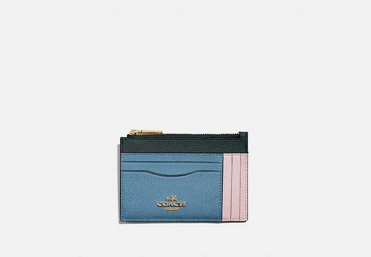 COACH®,LARGE CARD CASE IN COLORBLOCK,Leather,Brass/Pacific Blue Multi,Front View