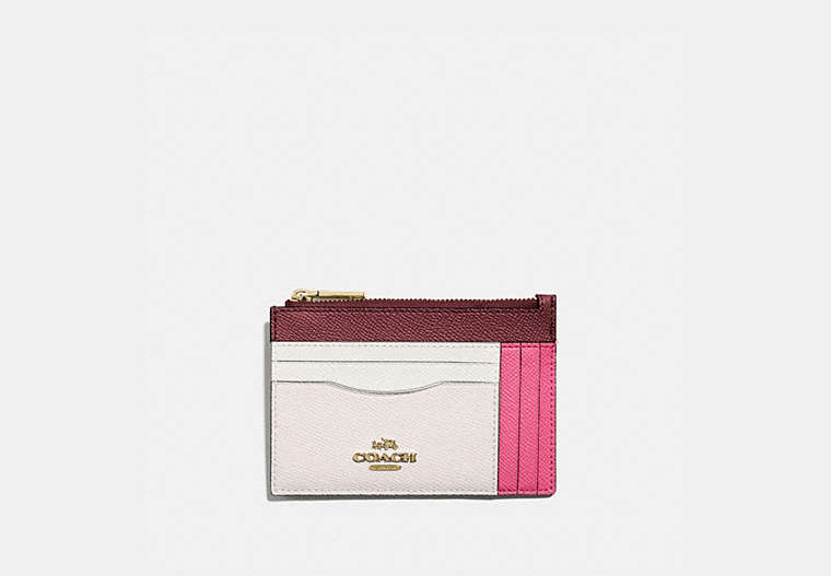 COACH®,LARGE CARD CASE IN COLORBLOCK,Leather,Brass/Confetti Pink Multi,Front View