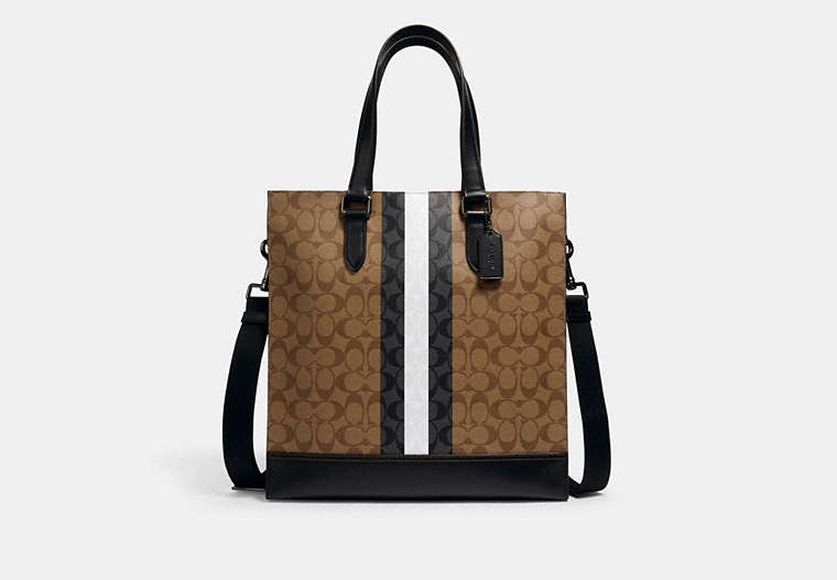 COACH®,GRAHAM STRUCTURED TOTE IN BLOCKED SIGNATURE CANVAS WITH VARSITY STRIPE,Leather,Large,Gunmetal/Tan Multi,Front View