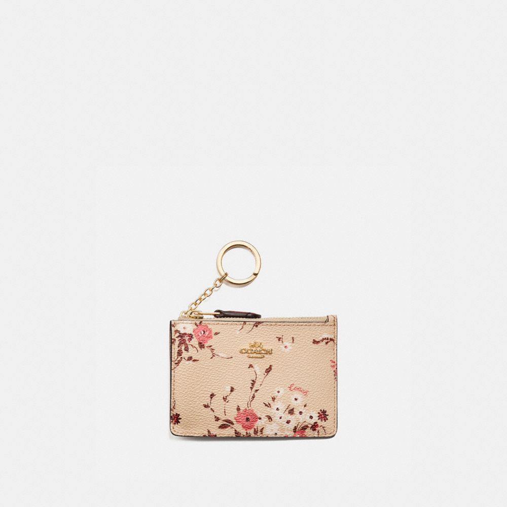 COACH®,MINI SKINNY ID CASE WITH FLORAL BUNDLE PRINT,Coated Canvas,Beechwood Floral/Gold,Front View image number 0