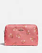 COACH®,LARGE BOXY COSMETIC CASE WITH FLORAL BOW PRINT,Nylon,Bright Coral/Floral Bow/Silver,Front View