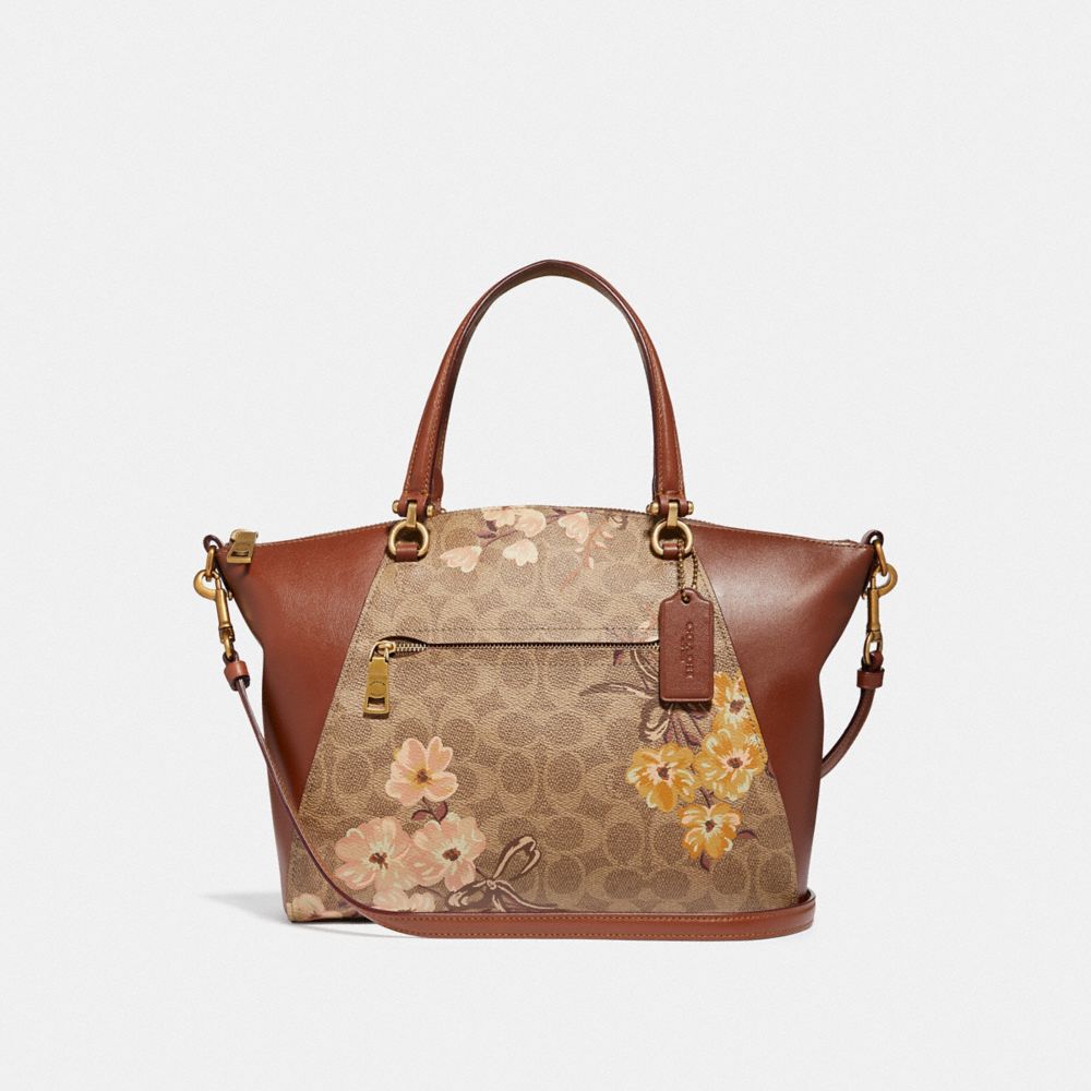 COACH®,PRAIRIE SATCHEL IN SIGNATURE CANVAS WITH PRAIRIE FLORAL PRINT,Coated Canvas,Medium,Brass/Tan Rust Bow,Front View
