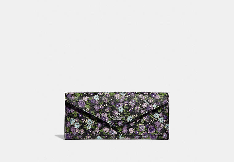 COACH®,SOFT WALLET WITH POSEY PRINT,Coated Canvas,Black Posey Print/Silver,Front View image number 0
