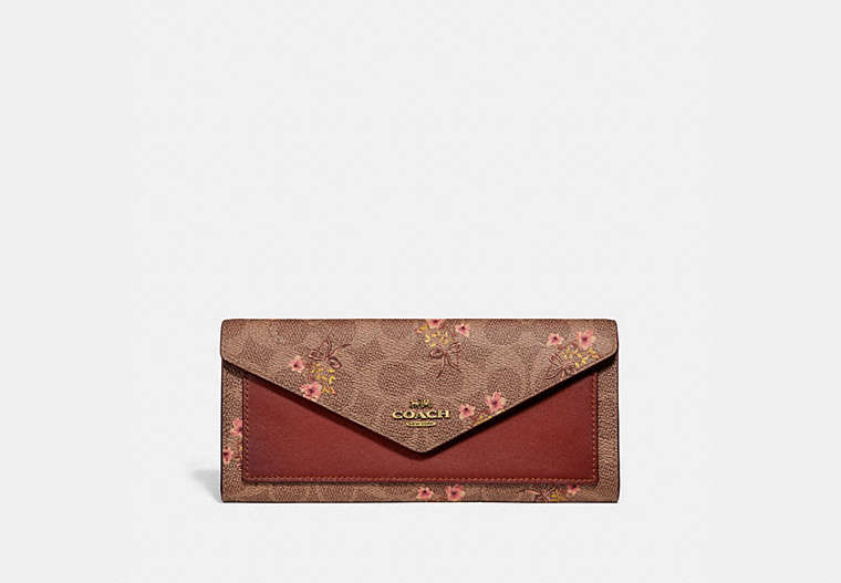 COACH®,SOFT WALLET IN SIGNATURE CANVAS WITH FLORAL PRINT,Coated Canvas,Brass/Tan,Front View image number 0