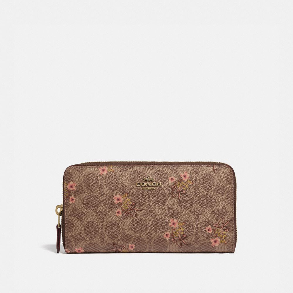 COACH®,ACCORDION ZIP WALLET IN SIGNATURE CANVAS WITH FLORAL BOW PRINT,Coated Canvas,Brass/Tan,Front View