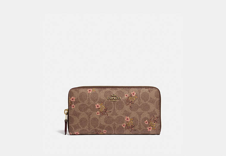 COACH®,ACCORDION ZIP WALLET IN SIGNATURE CANVAS WITH FLORAL BOW PRINT,Coated Canvas,Brass/Tan,Front View image number 0