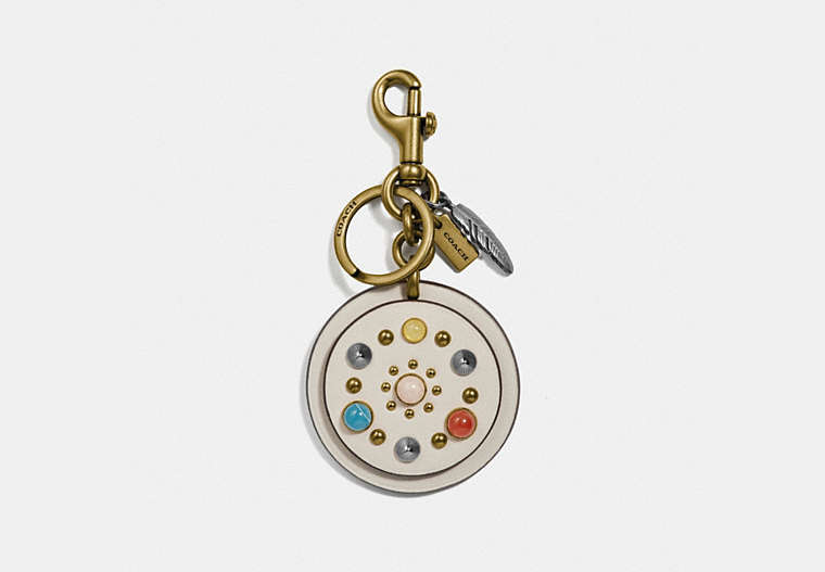 COACH®,CIRCLE RIVETS BAG CHARM,Leather,Brass/Chalk,Front View