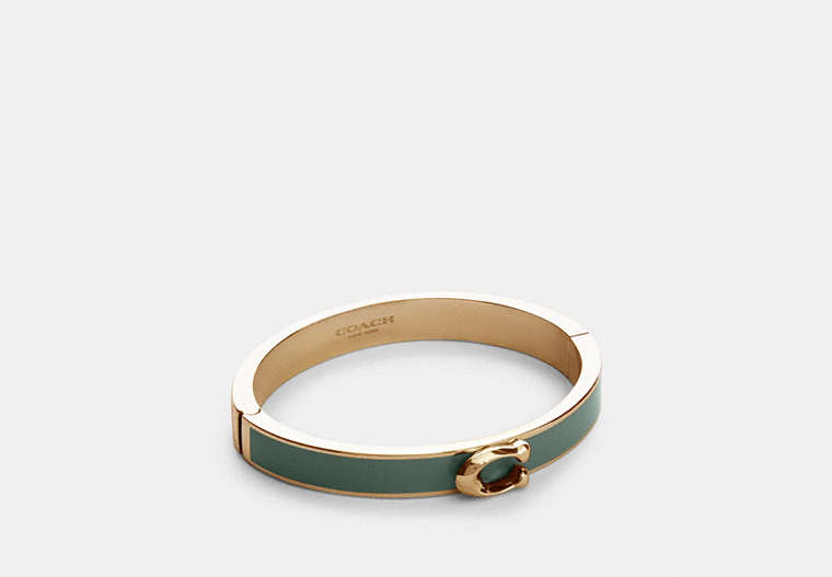 COACH®,SIGNATURE PUSH HINGED BANGLE,Metal,GD/Washed Green,Front View