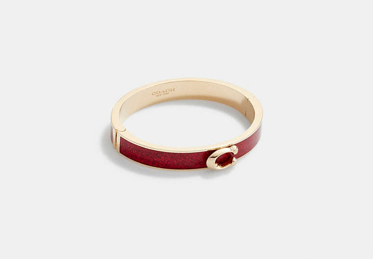 COACH®,SIGNATURE PUSH HINGED BANGLE,Metal,Gold/Red Glitter,Front View