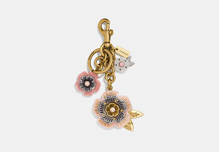 COACH®,TEA ROSE MIX BAG CHARM,Mixed Material,Brass/Light Coral,Front View