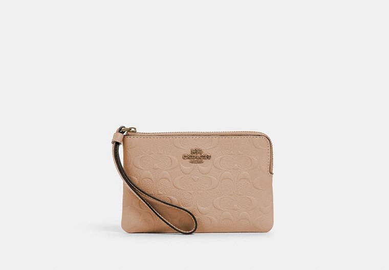 COACH®,CORNER ZIP WRISTLET IN SIGNATURE LEATHER,Leather,Mini,Gold/Taupe,Front View