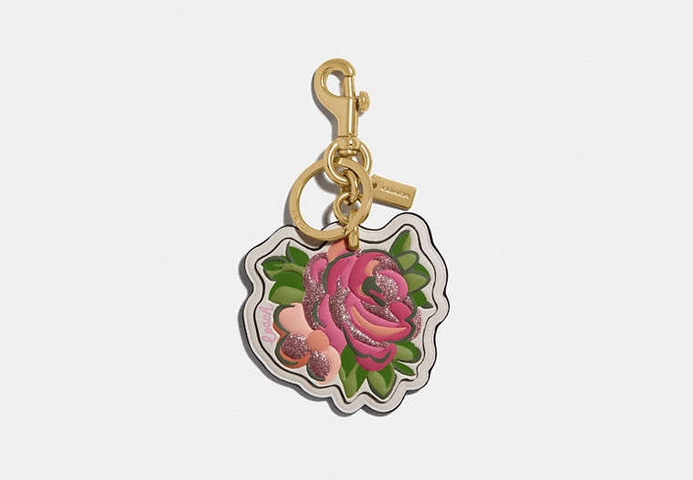 COACH®,VINTAGE ROSE BAG CHARM,Leather,Brass/Chalk,Front View image number 0