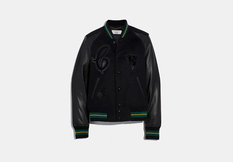 COACH®,VIPER ROOM VARSITY JACKET WITH PATCHES,wool,Black,Front View
