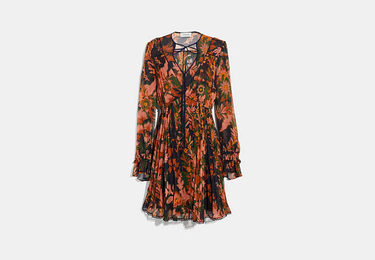Forest Floral Print Pleated Dress With Necktie