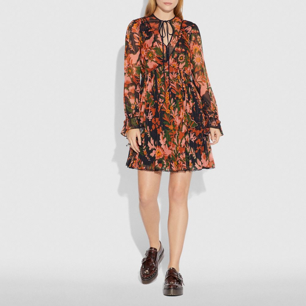 COACH®: Forest Floral Print Pleated Dress With Necktie