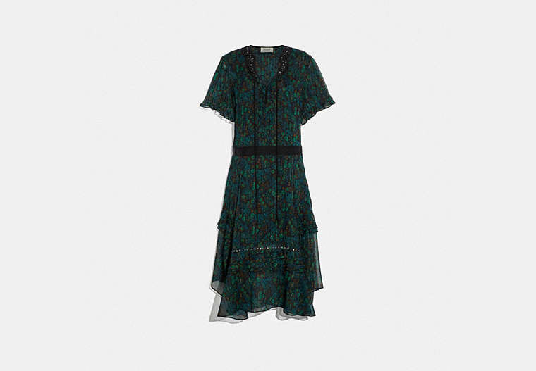 COACH®,EMBELLISHED RETRO FLORAL DRESS,Silk,Navy/Green,Front View