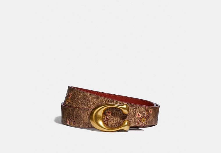 COACH®,C HARDWARE BELT WITH FLORAL PRINT, 32MM,pvc,Brass/Tan/Rust,Front View image number 0
