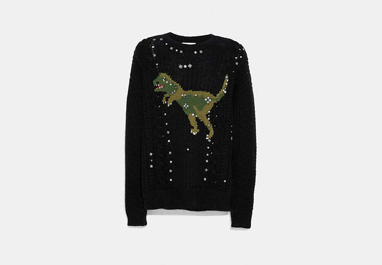 COACH®,REXY CABLE KNIT SWEATER,wool,Black,Front View