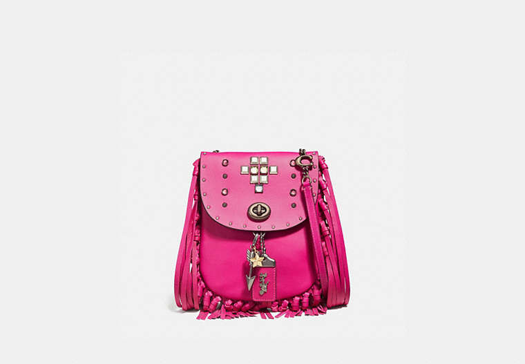 COACH®,FRINGE SADDLE BAG WITH PYRAMID RIVETS,Leather,Small,Pewter/Fuchsia,Front View