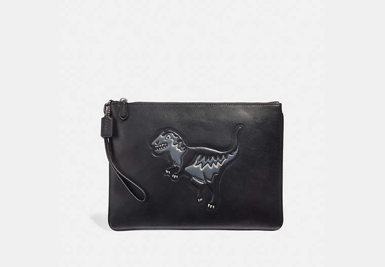 COACH®,POUCH 30 WITH REXY,Leather,Black,Front View