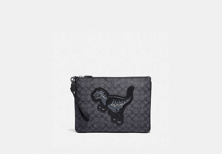COACH®,POUCH 30 IN SIGNATURE CANVAS WITH REXY,pvc,Charcoal,Front View image number 0
