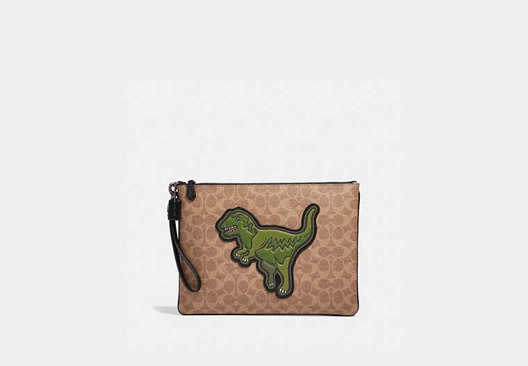 COACH®,POUCH 30 IN SIGNATURE CANVAS WITH REXY,pvc,KHAKI,Front View