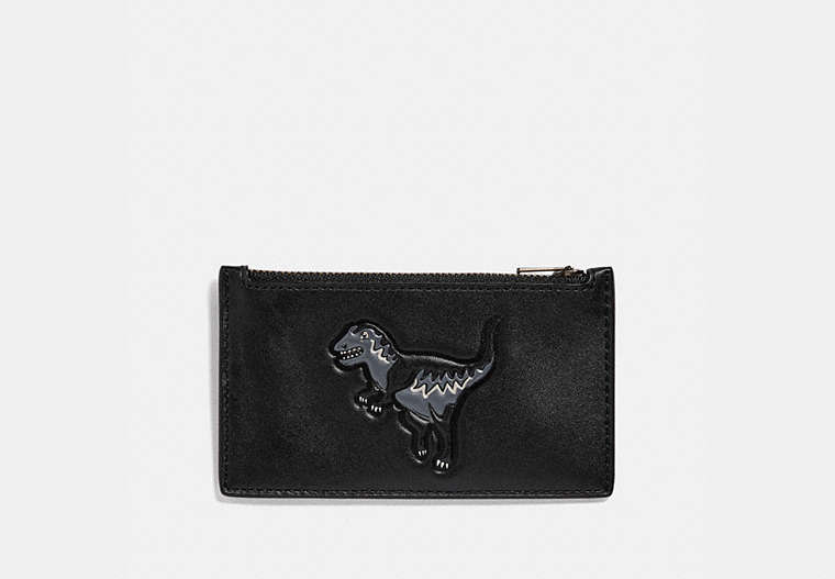 COACH®,ZIP CARD CASE WITH REXY,Leather,Black,Front View image number 0