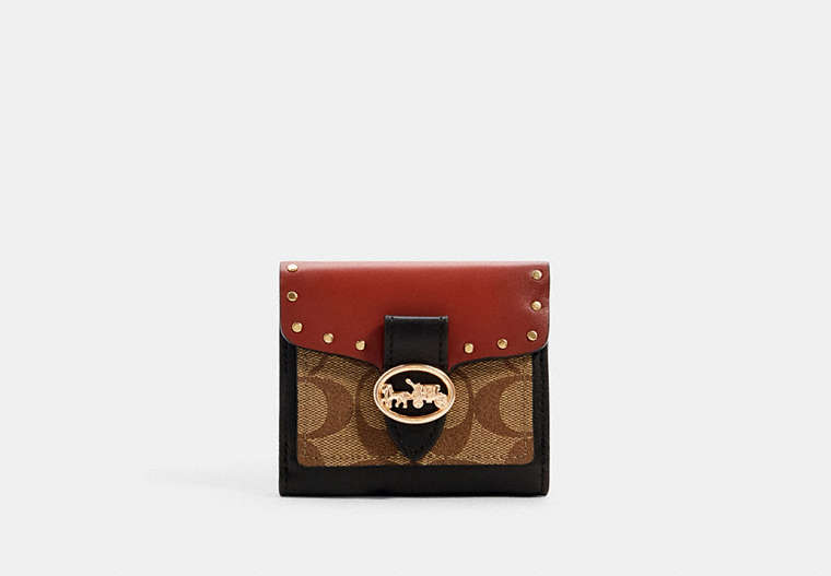 COACH®,GEORGIE SMALL WALLET IN COLORBLOCK SIGNATURE CANVAS WITH RIVETS,pvc,Gold/Khaki/Terracotta Multi,Front View