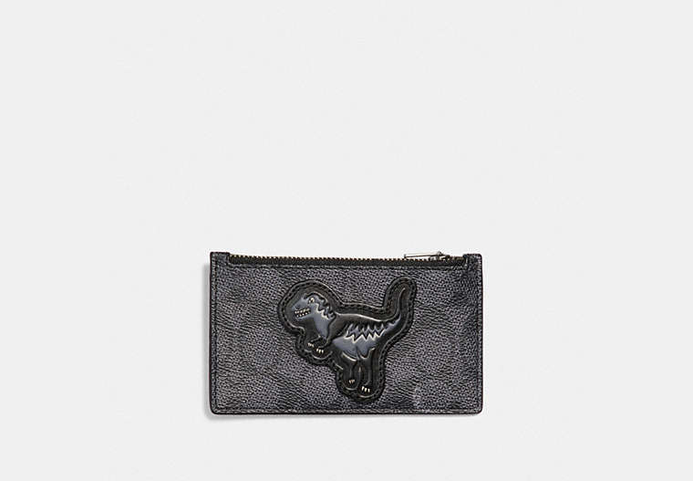COACH®,ZIP CARD CASE IN SIGNATURE CANVAS WITH REXY,pvc,Charcoal,Front View
