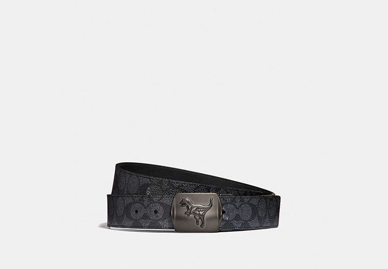 COACH®,REXY PLAQUE BUCKLE CUT-TO-SIZE REVERSIBLE BELT, 38MM,Coated Canvas,Charcoal/Black,Front View