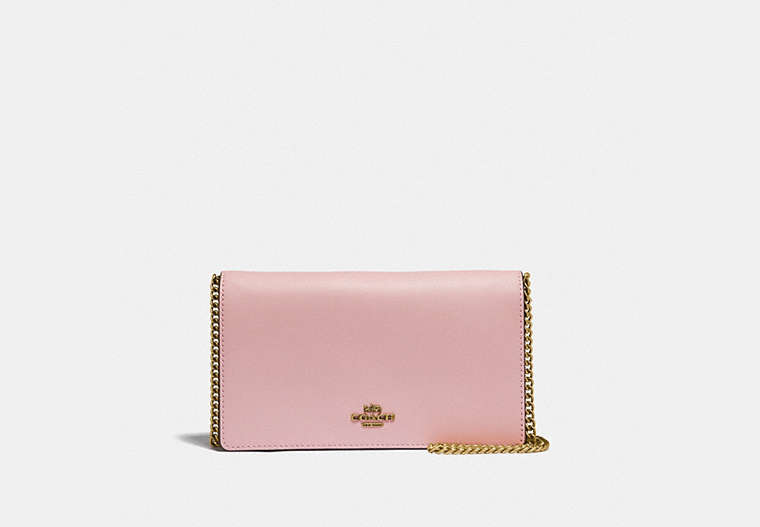 COACH®,CALLIE FOLDOVER CHAIN CLUTCH,Leather,Mini,Brass/Blossom,Front View