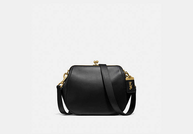 COACH®,FRAME SADDLE BAG,Leather,Medium,Brass/Black,Front View