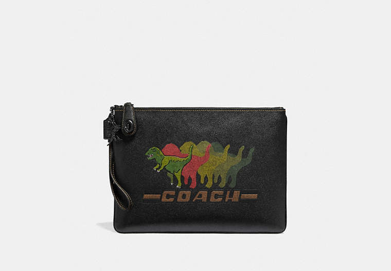 COACH®,TURNLOCK POUCH WITH REXY,Leather,Black,Front View
